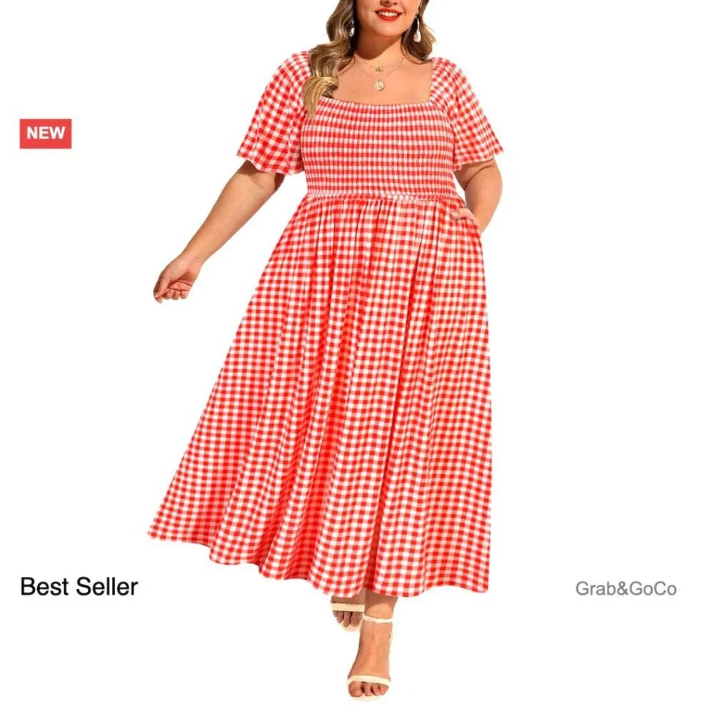 Plus Size Smocked Maxi Dress Square Neck Short Sleeve Floral Summer Casual